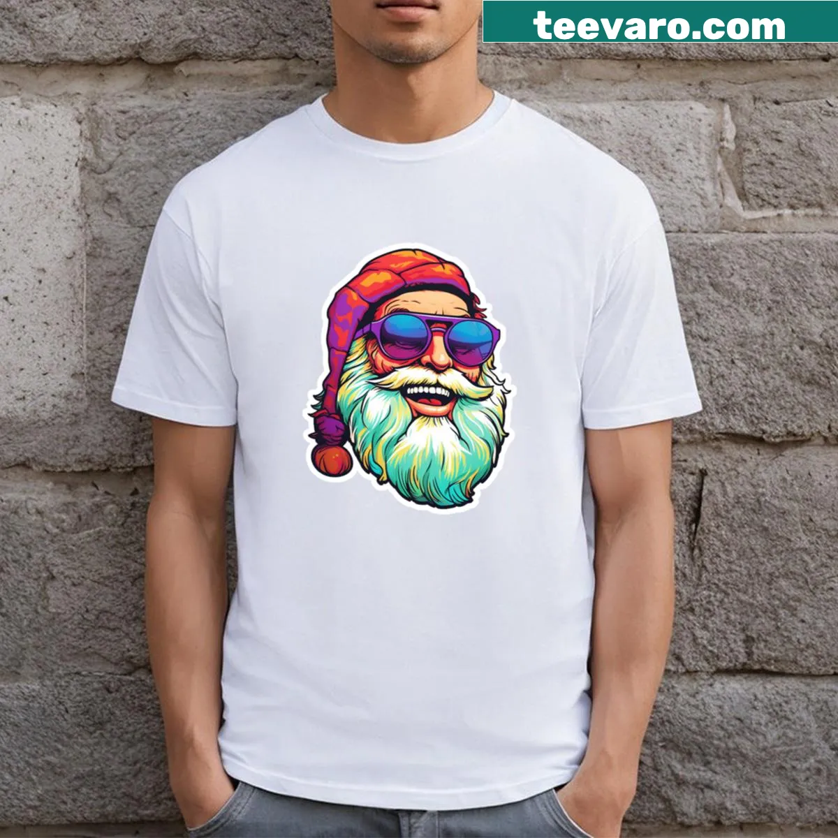 Playful t-shirt featuring a Swag Santa graphic — on a men's t-shirt