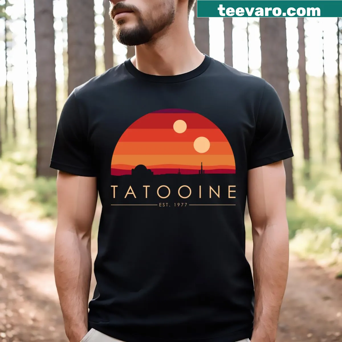 Cartoon style Tatooine graphic on a T-shirt — on a men's t-shirt