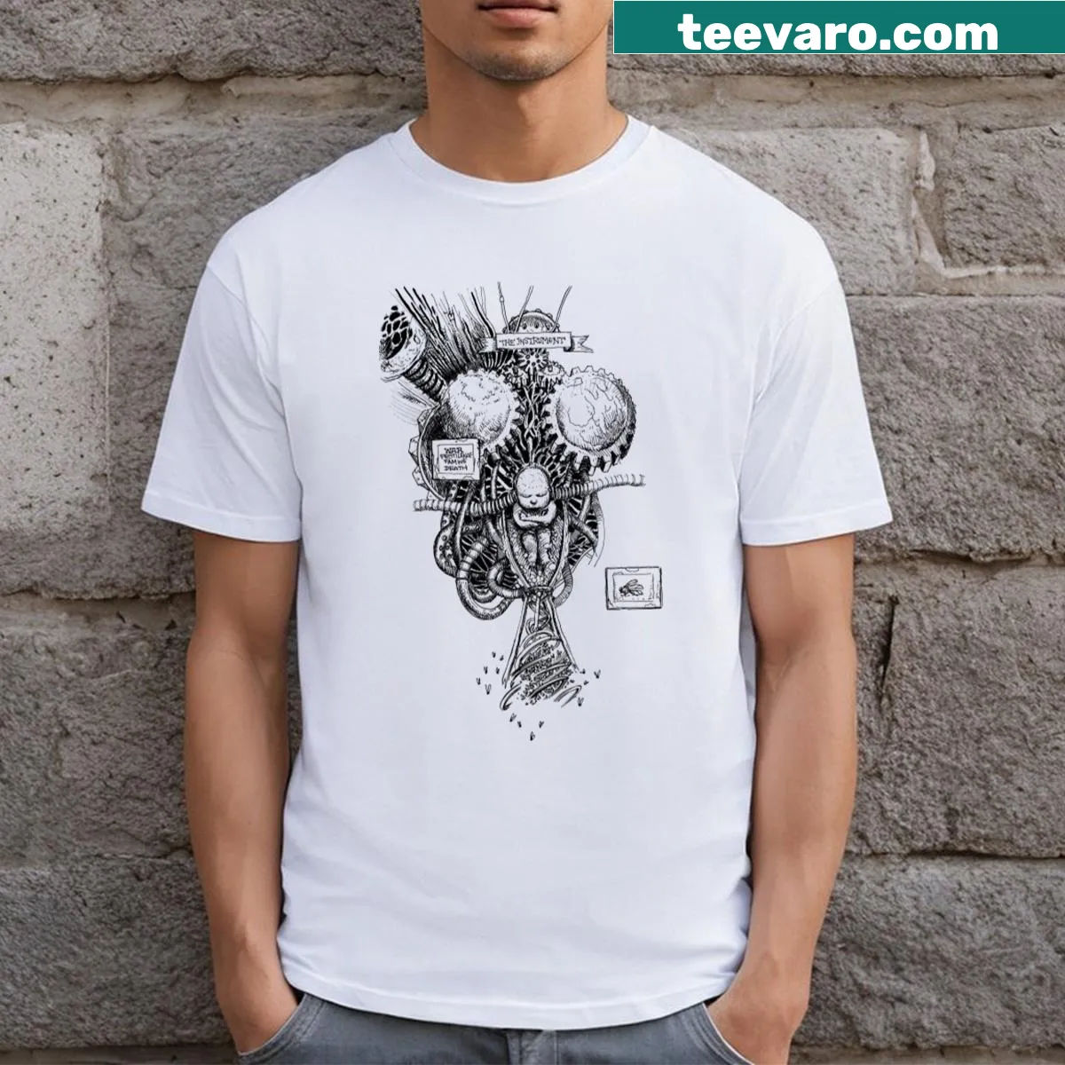 Artistic design featuring various musical instruments with elegant typography — on a men's t-shirt