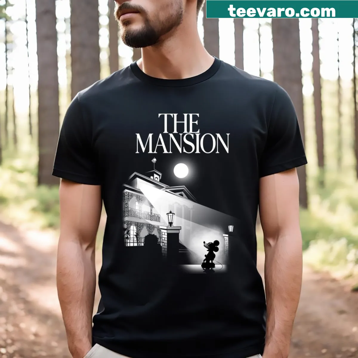 Intricate illustration of a grand mansion on a T-shirt — on a men's t-shirt