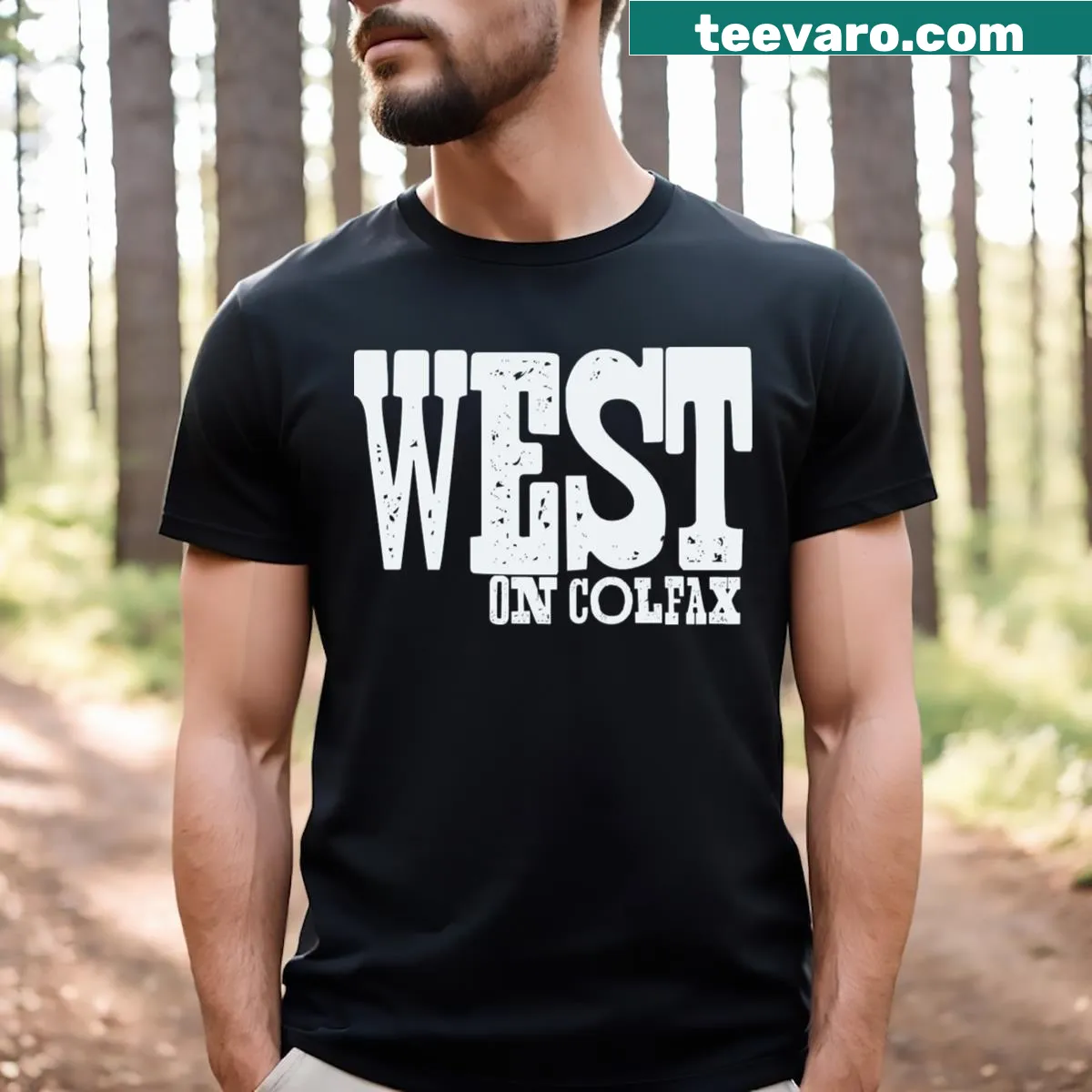 Stylish T-shirt with 'West On Colfax' text graphic — on a men's t-shirt