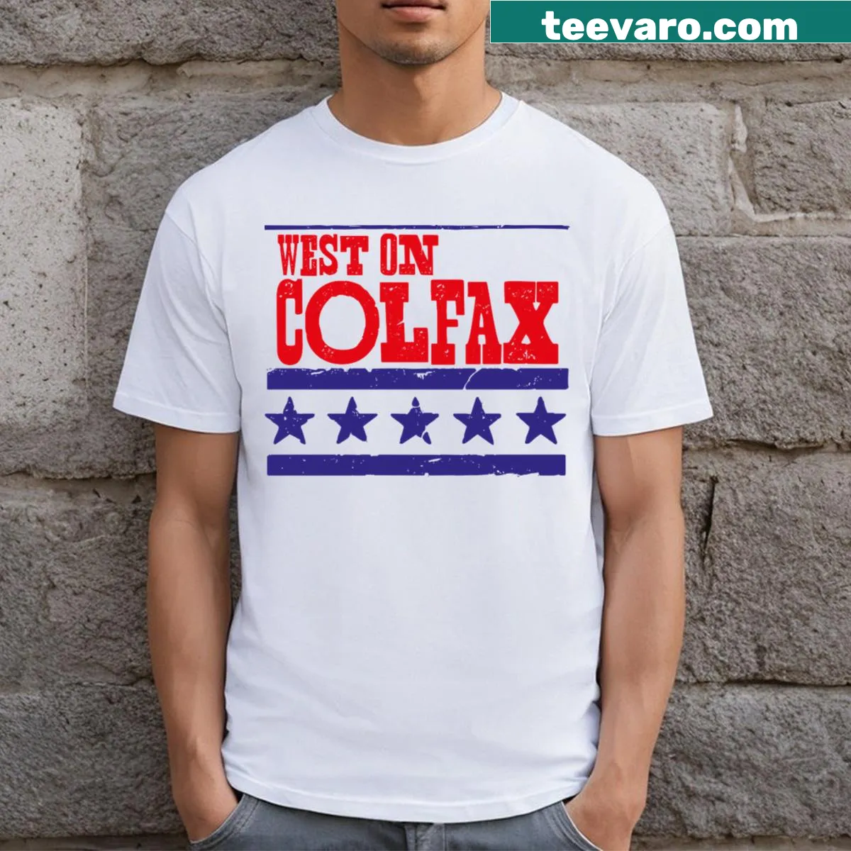 T-shirt featuring star design inspired by Colfax Avenue — on a men's t-shirt