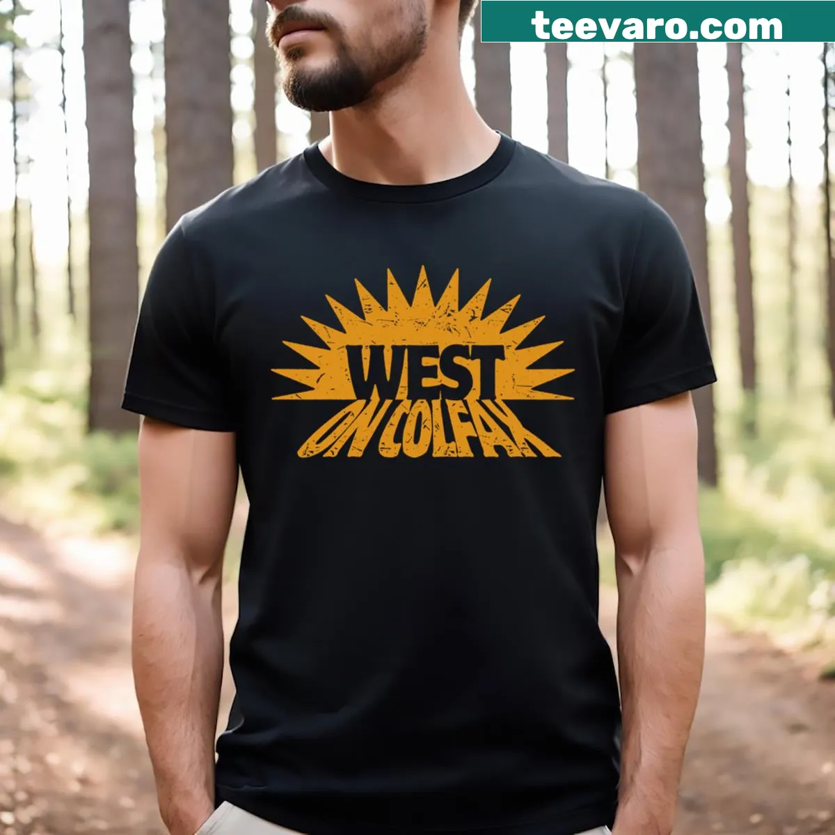 T-shirt featuring a sunset design inspired by Colfax Avenue — on a men's t-shirt