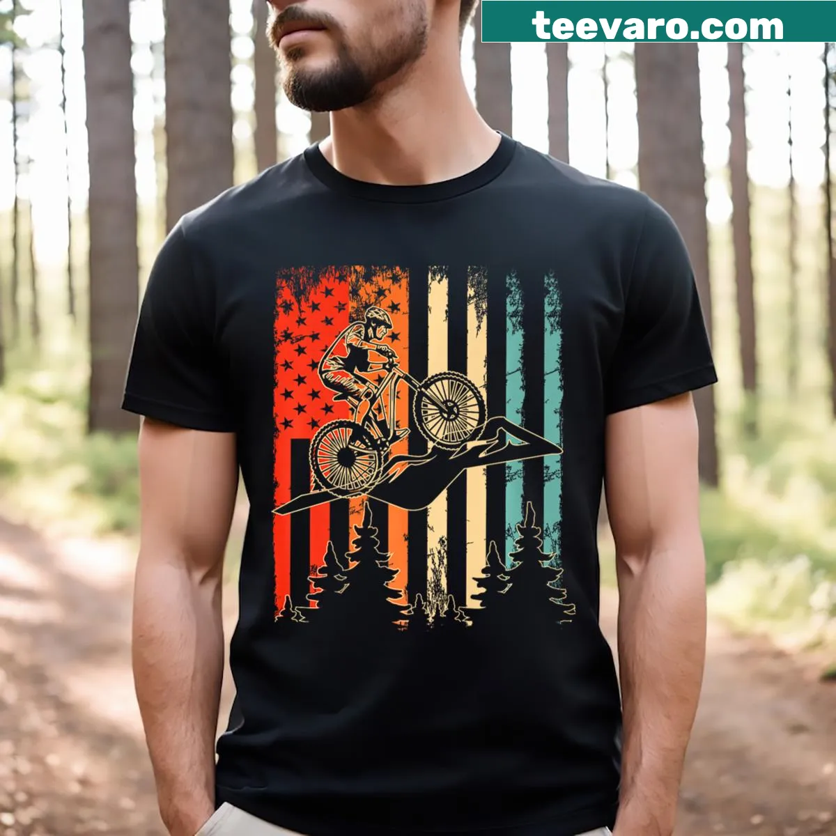 Patriotic T-shirt with American flag and mountain biking theme — on a men's t-shirt