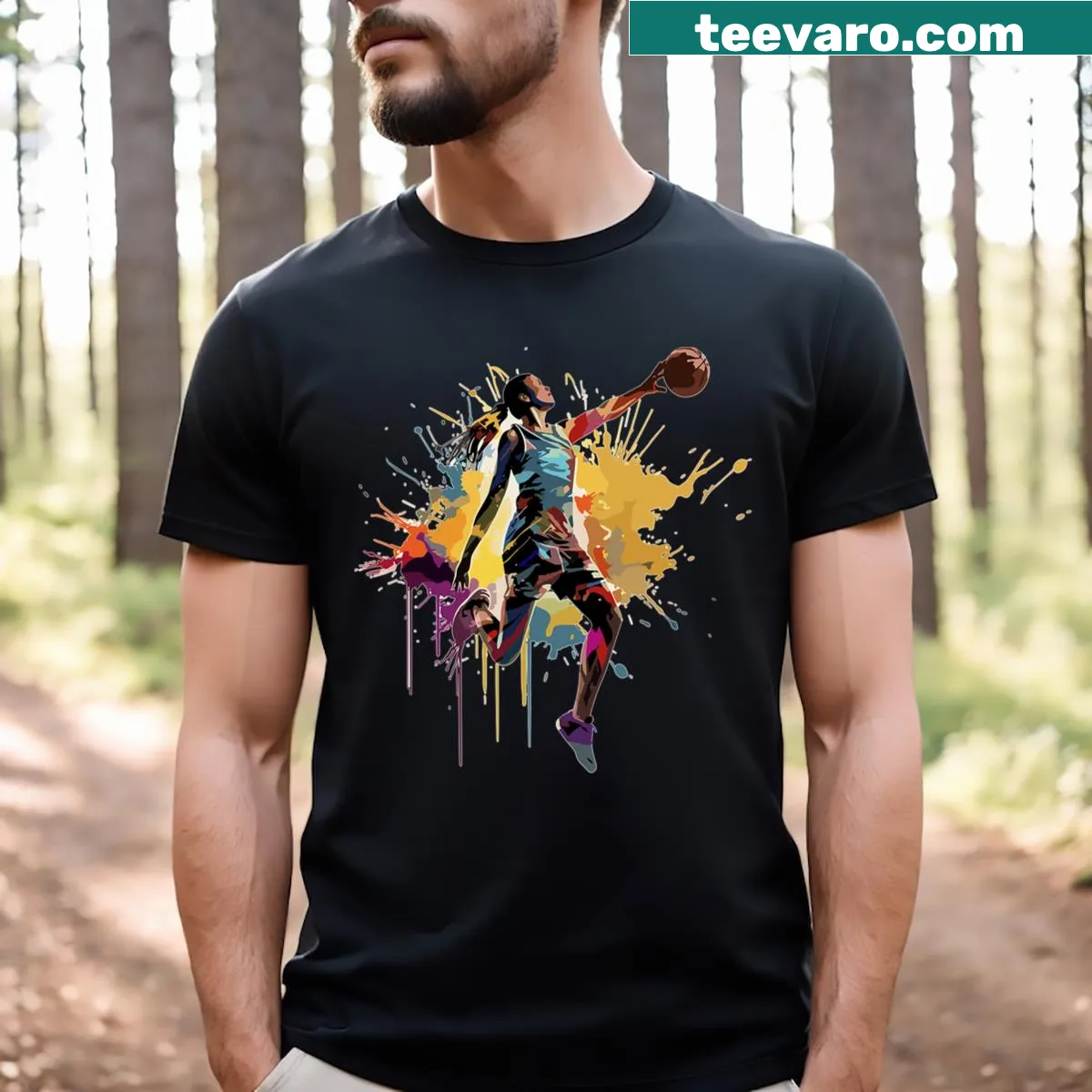 Illustration of a woman basketball player with a paint splash effect — on a men's t-shirt