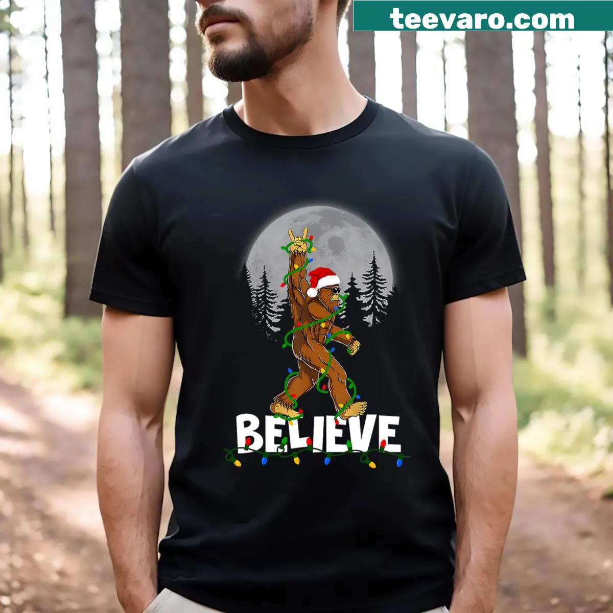 Cartoon Sasquatch in a Christmas design for kids — on a men's t-shirt
