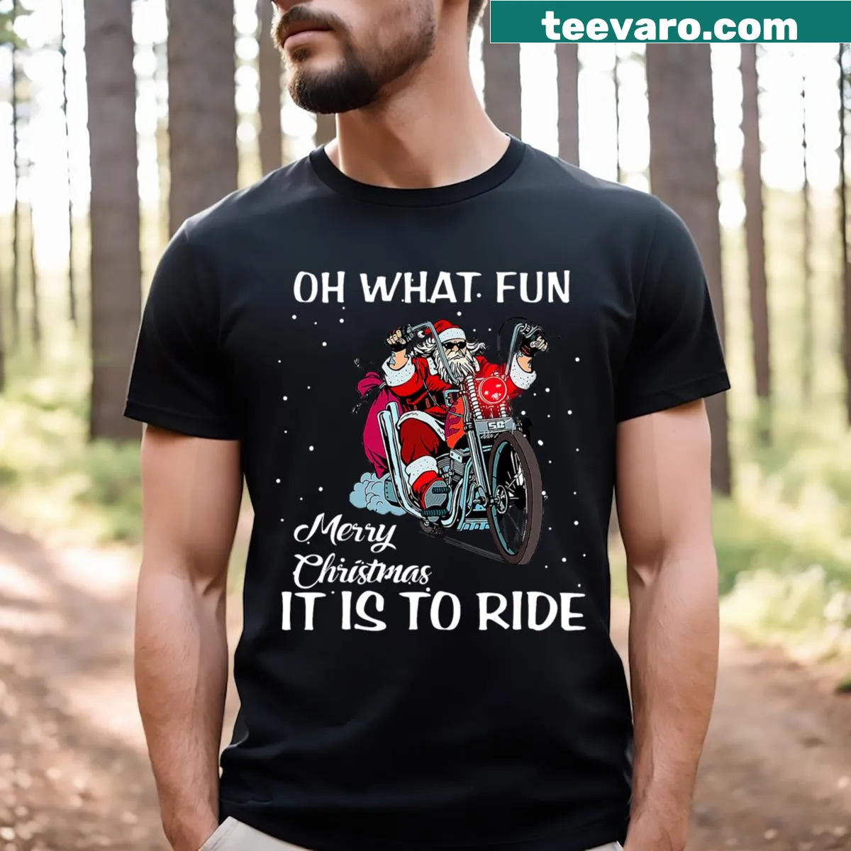 Funny Santa t-shirt with a motorcycle design for Christmas — on a men's t-shirt