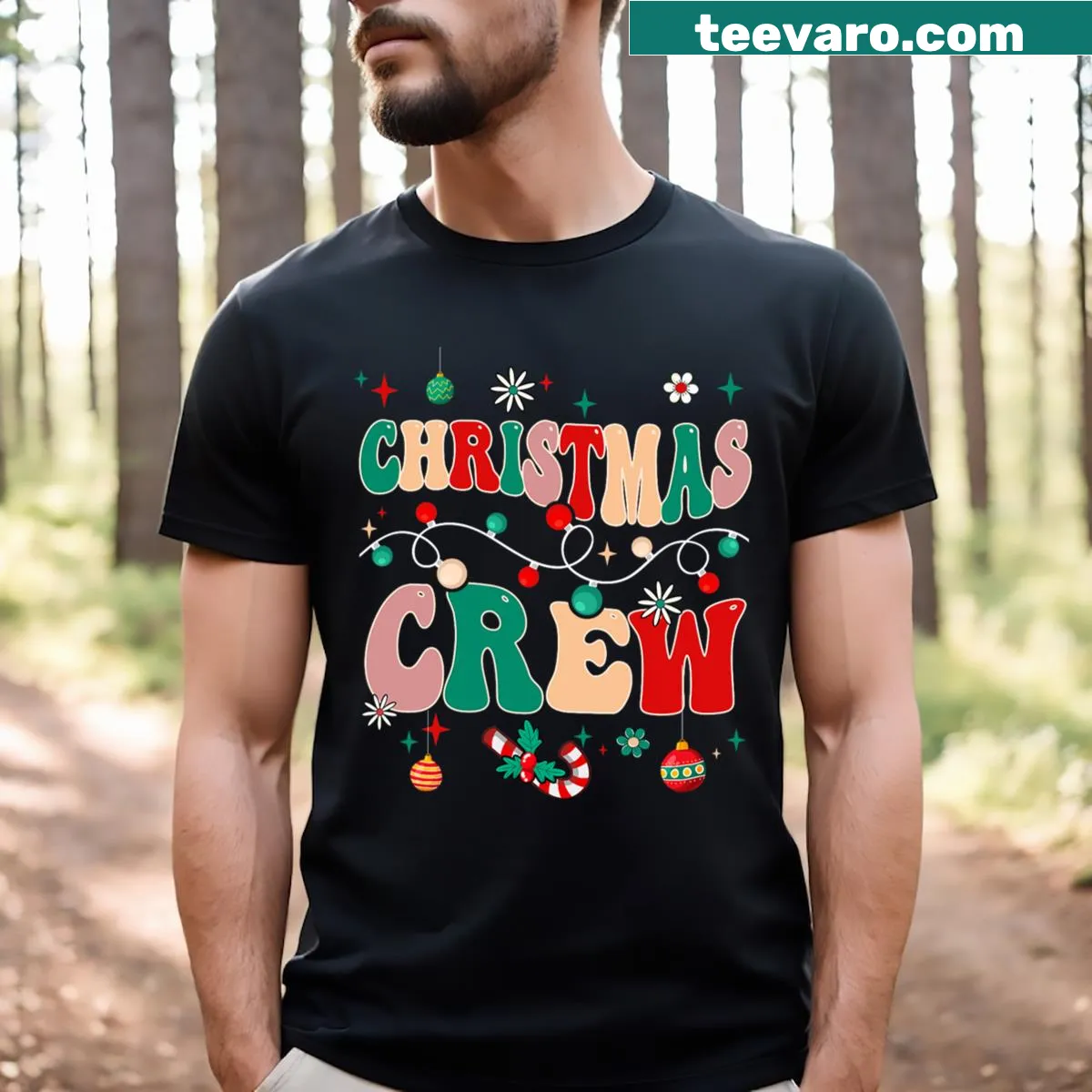 Retro graphic tee with Christmas Crew and festive lights for women. — on a men's t-shirt