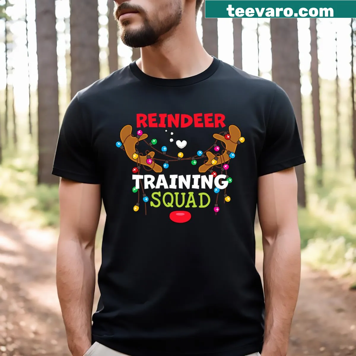 Funny t-shirt with running reindeer illustration for Christmas — on a men's t-shirt