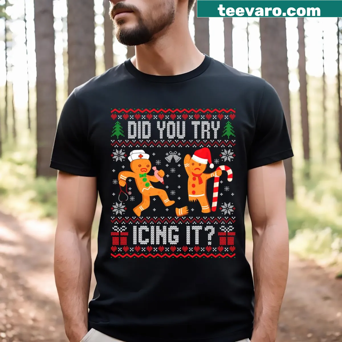 Funny nurse Christmas t-shirt with 'Did You Try Icing It?' text — on a men's t-shirt