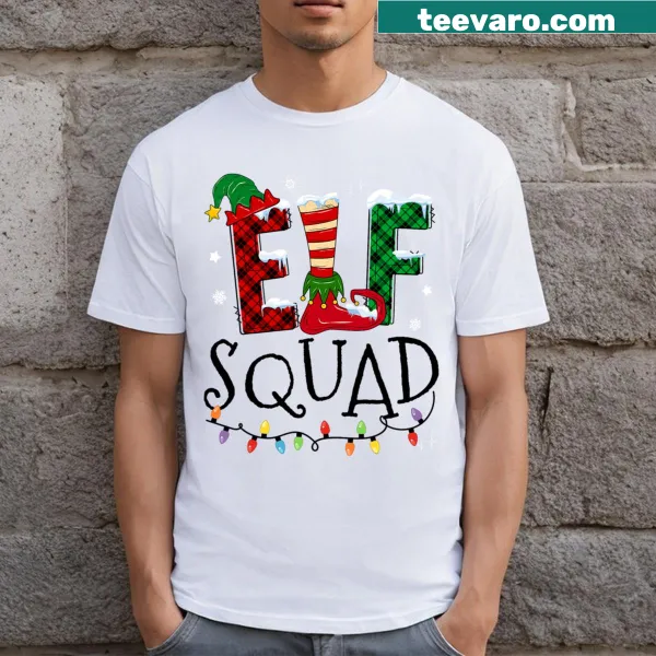 Whimsical elf-themed Christmas family T-shirt.
