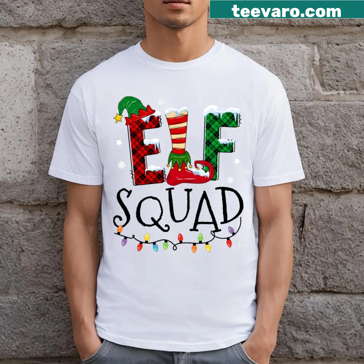 Whimsical elf-themed Christmas family T-shirt. — on a men's t-shirt