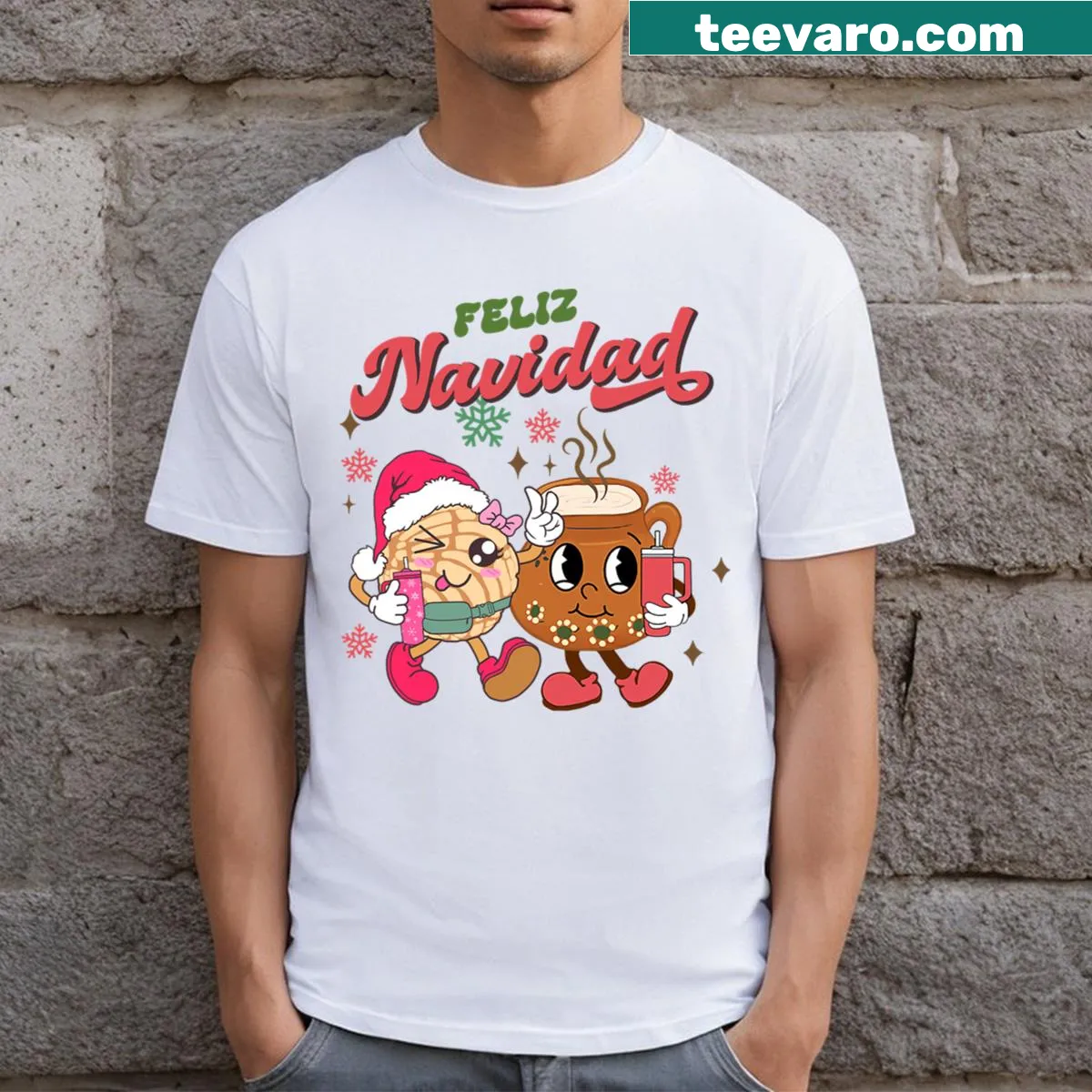 Mexican Christmas-themed T-shirt with festive treats. — on a men's t-shirt