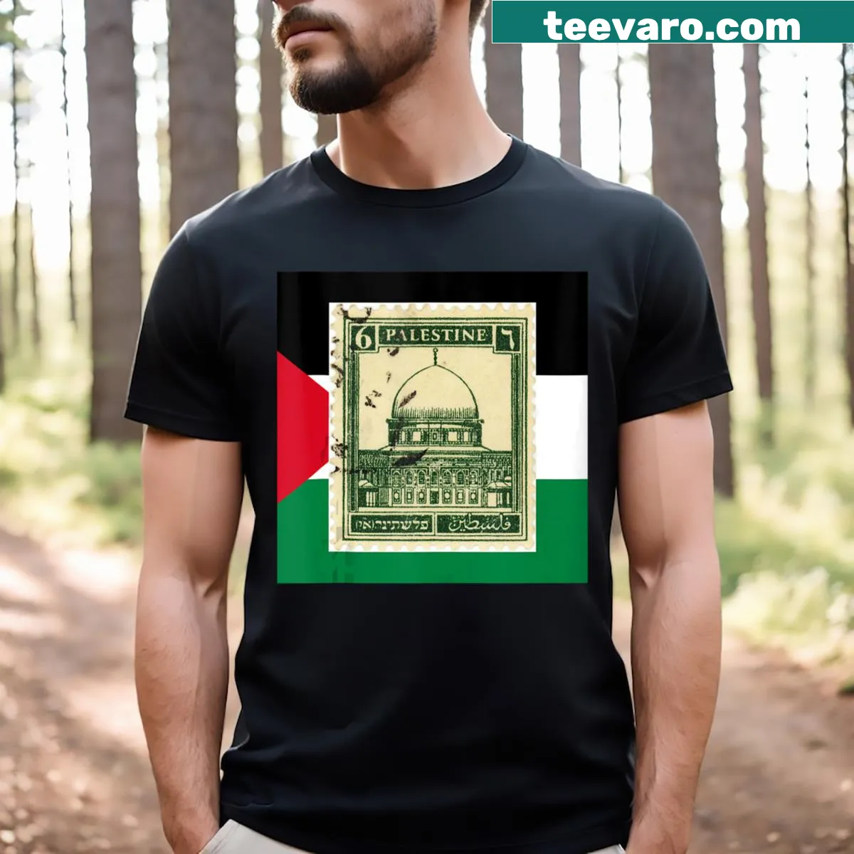 T-shirt featuring the Palestine flag with the text Free Palestine — on a men's t-shirt