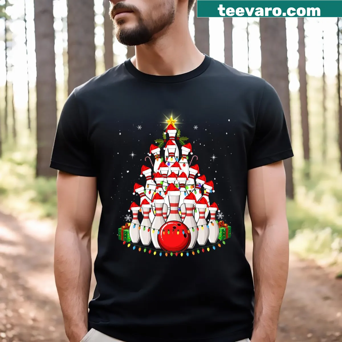 Christmas bowling tree lights design on a t-shirt — on a men's t-shirt