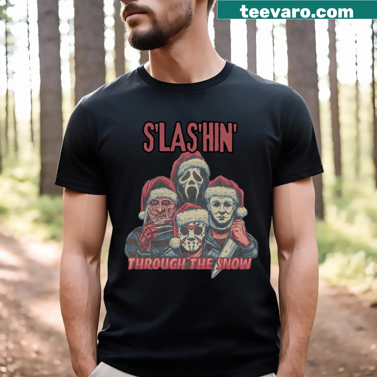 Christmas T-shirt featuring horror characters with holiday graphics — on a men's t-shirt