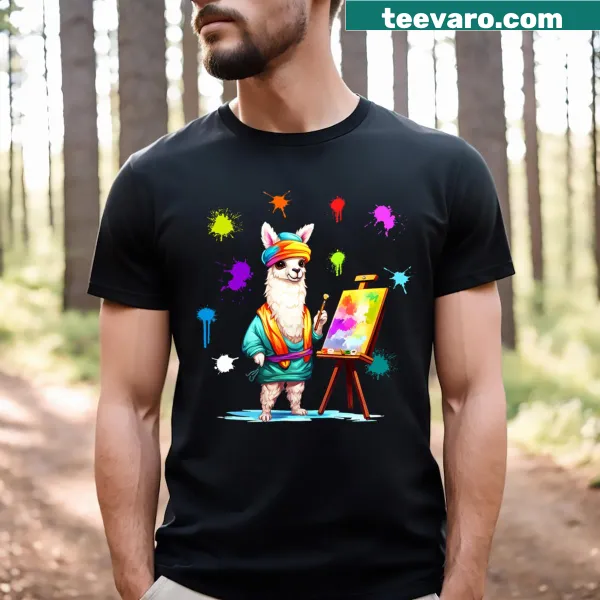 Playful alpaca design with colorful paint splatter graphic