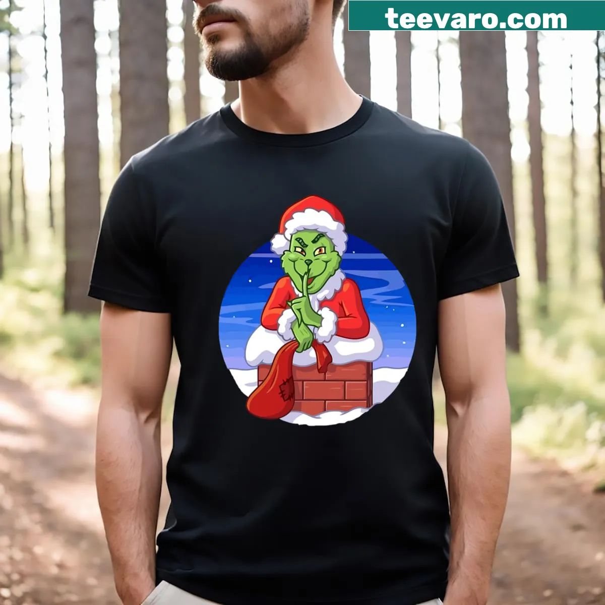 Cartoon green elf thief graphic on a Christmas T-shirt — on a men's t-shirt