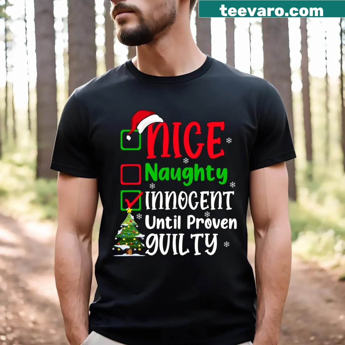 Funny Christmas T-shirt featuring a playful nice vs naughty graphic — on a men's t-shirt