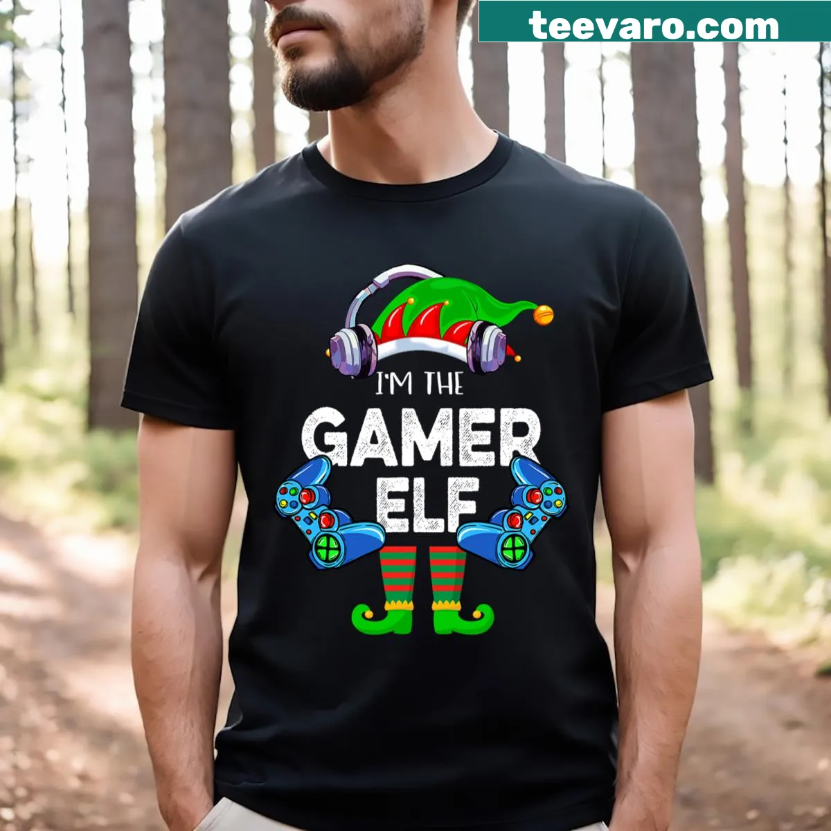 Funny Christmas tee featuring a gamer elf character — on a men's t-shirt