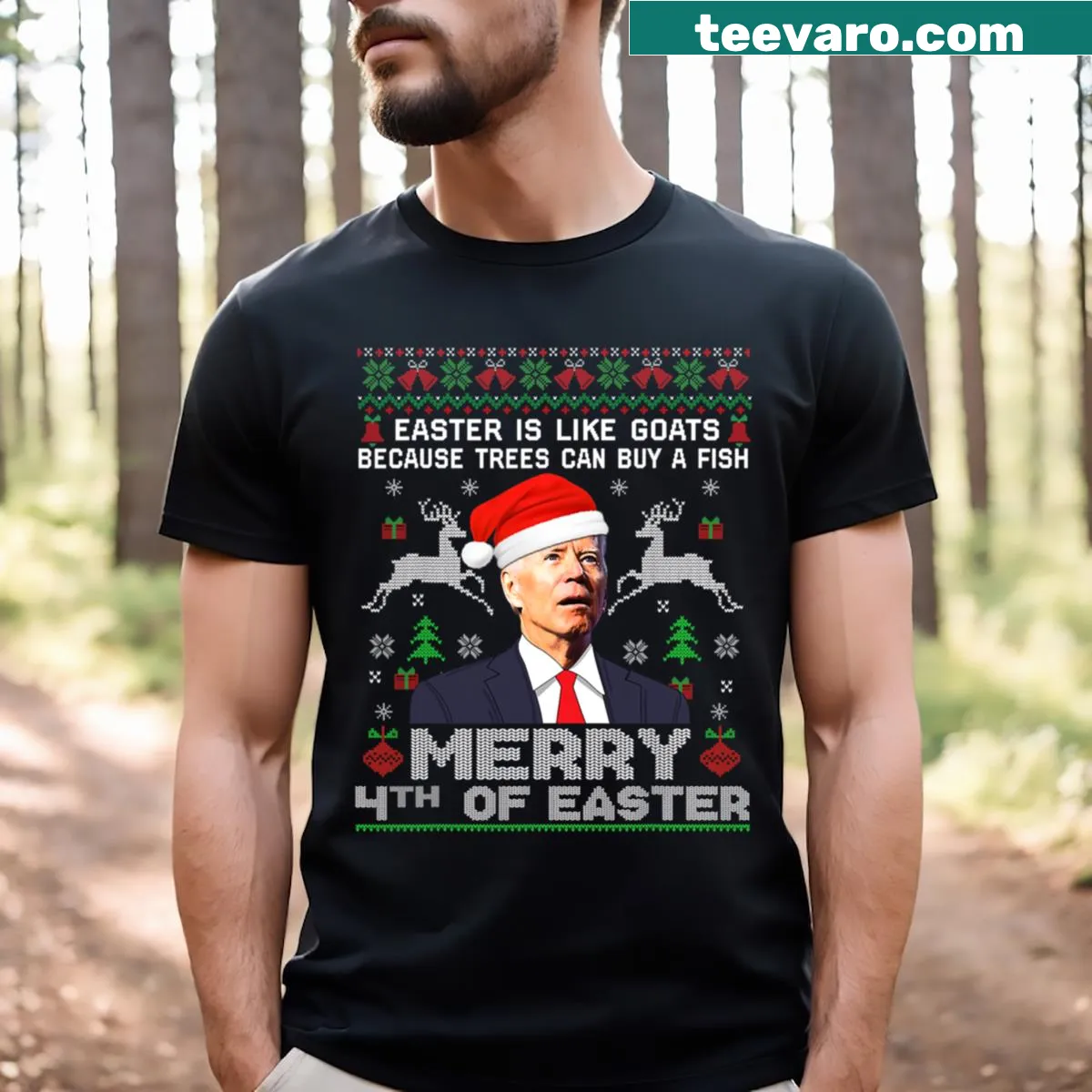 Funny Biden-themed Christmas t-shirt with Easter elements — on a men's t-shirt