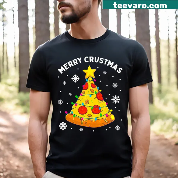 Pizza Christmas tree design with 'Merry Crustmas' text
