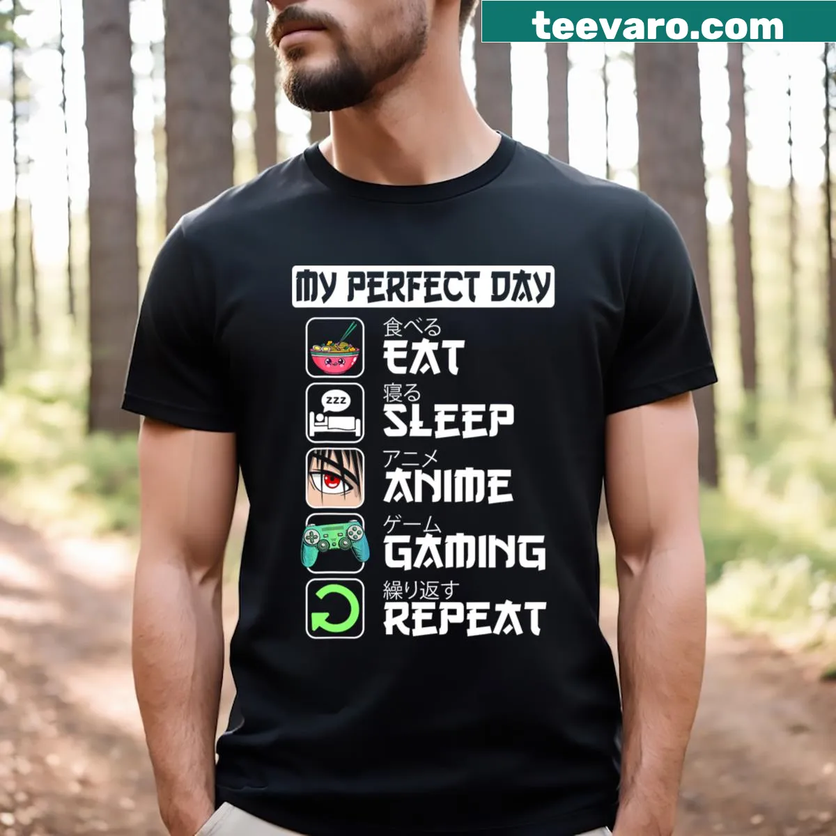 Typography design featuring gaming, anime, and ramen themes. — on a men's t-shirt