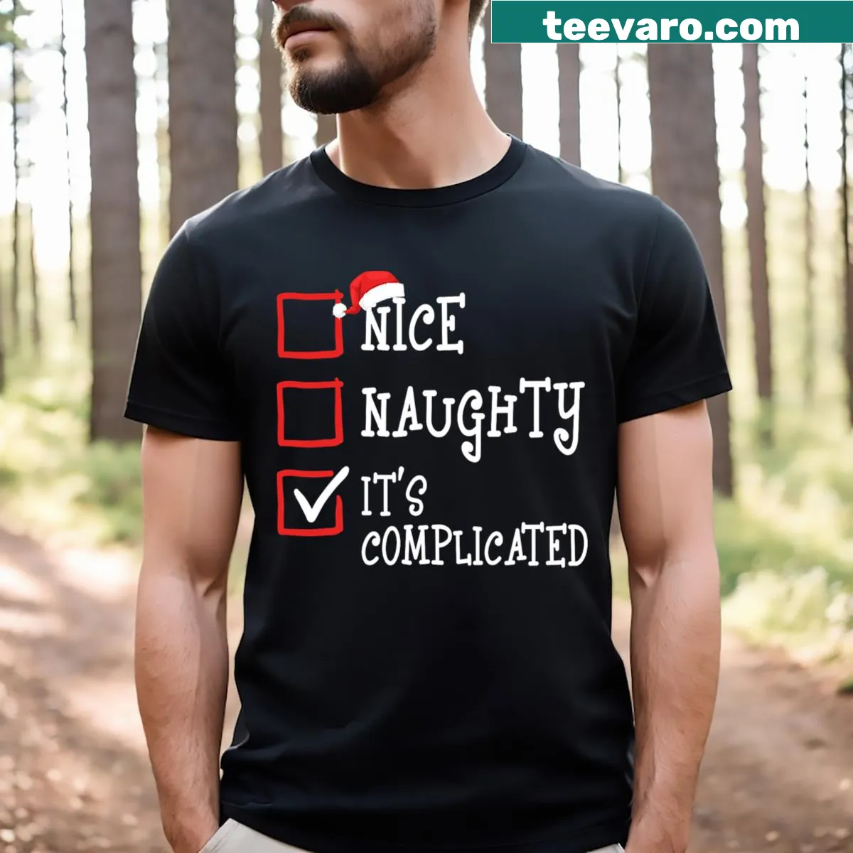Funny Christmas t-shirt with 'Nice Naughty It's Complicated' text — on a men's t-shirt