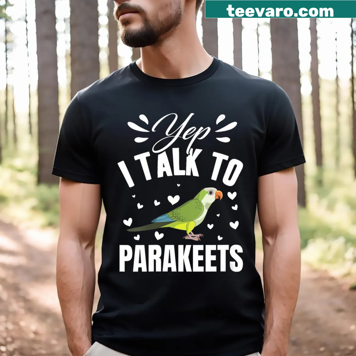 Illustration of a parakeet on a necklace on a V-neck t-shirt — on a men's t-shirt