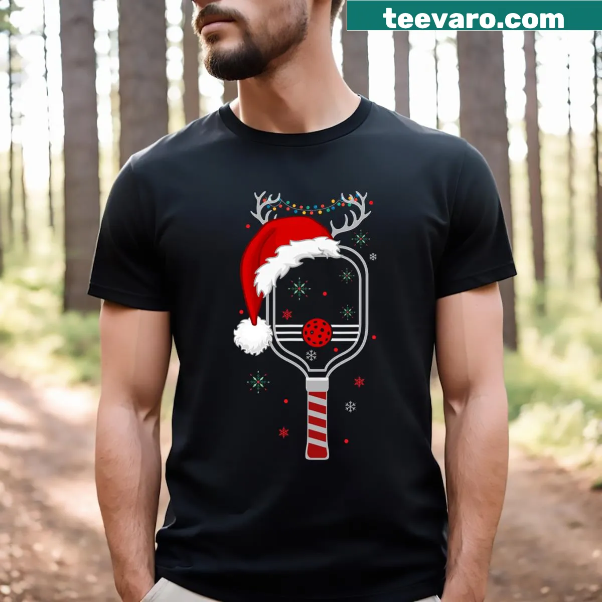 Cartoon pickleball player as a reindeer on a Christmas T-shirt — on a men's t-shirt