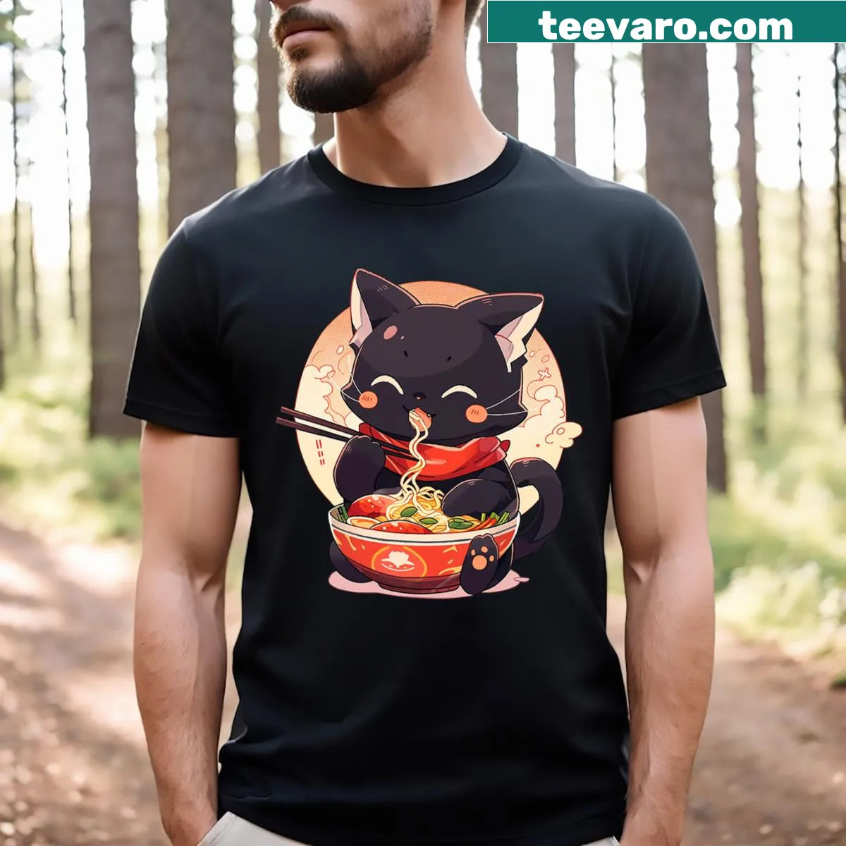 Kawaii t-shirt featuring a cat with a bowl of ramen — on a men's t-shirt
