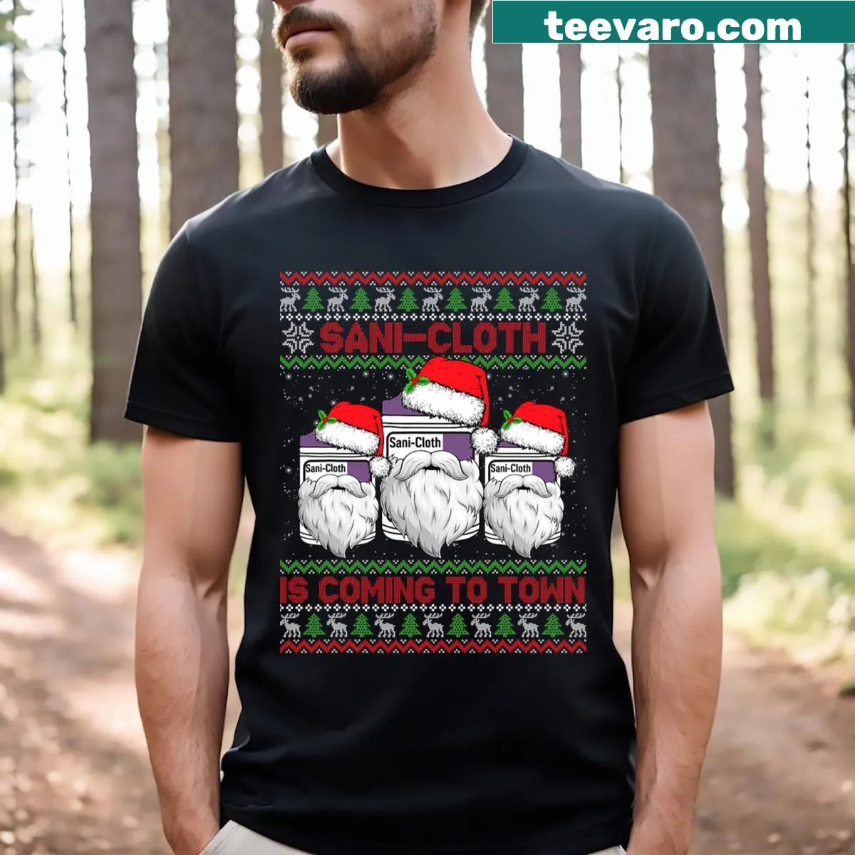 Funny Christmas T-shirt for nurses with 'Sanicloth Is Coming To Town' — on a men's t-shirt