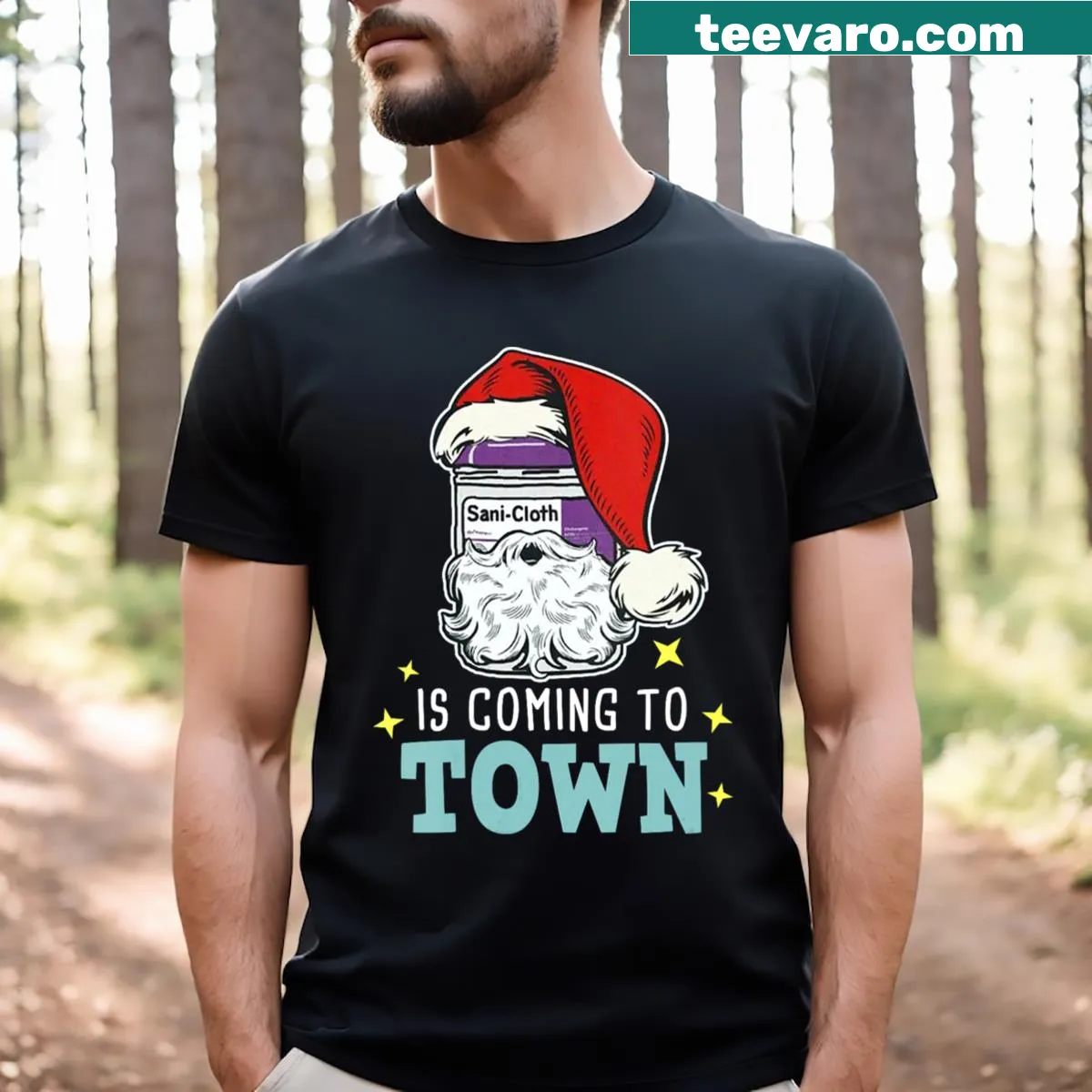 Funny Christmas nurse V-neck t-shirt with Santa hat illustration — on a men's t-shirt