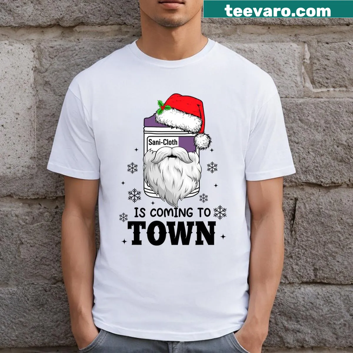 Funny Christmas T-shirt for nurses with 'Sanicloth Santa Hat Is Coming To Town' — on a men's t-shirt
