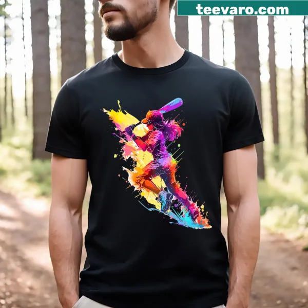 Softball-themed T-shirt with paint splash design for women