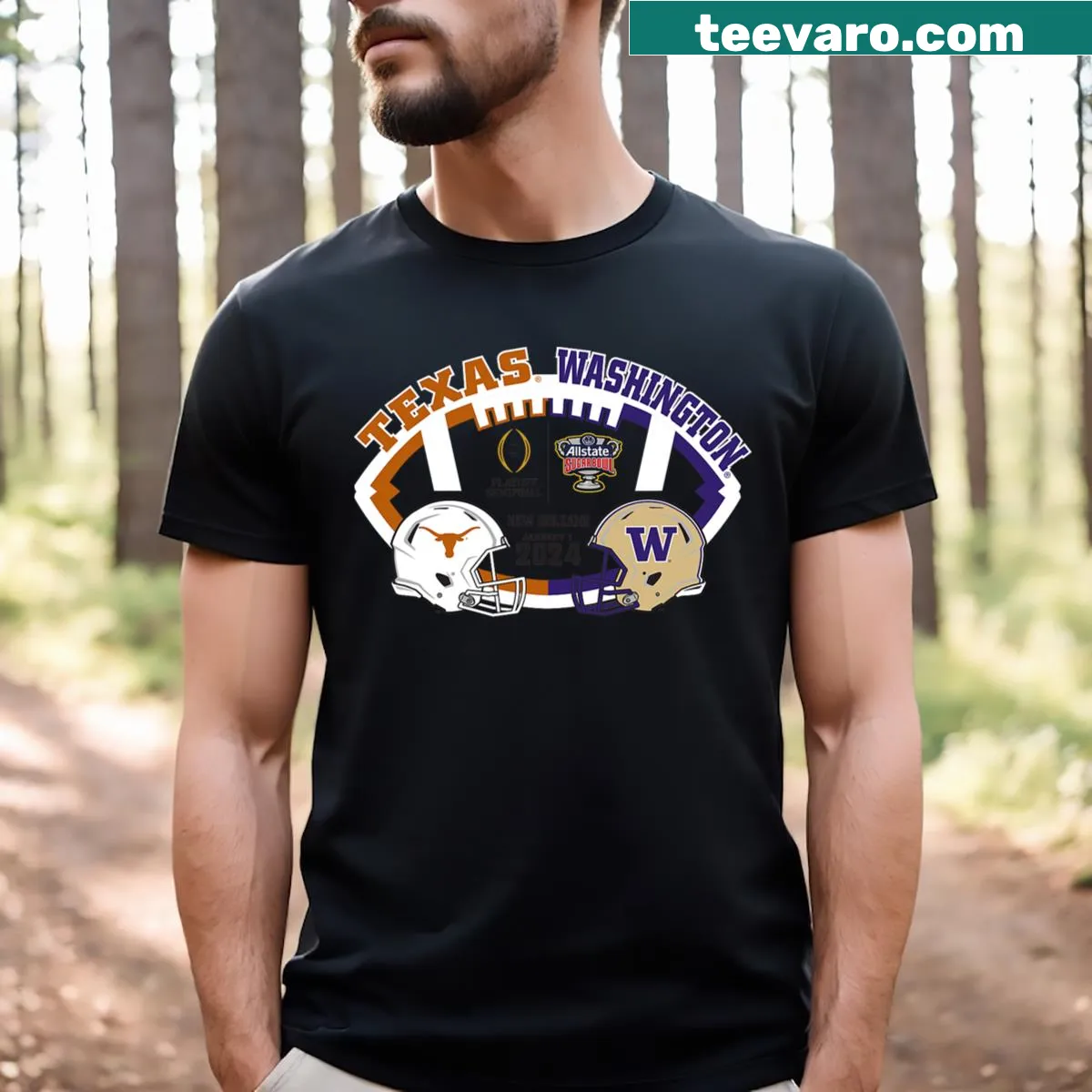Sugar Bowl 2023-2024 Texas vs. Washington football t-shirt — on a men's t-shirt