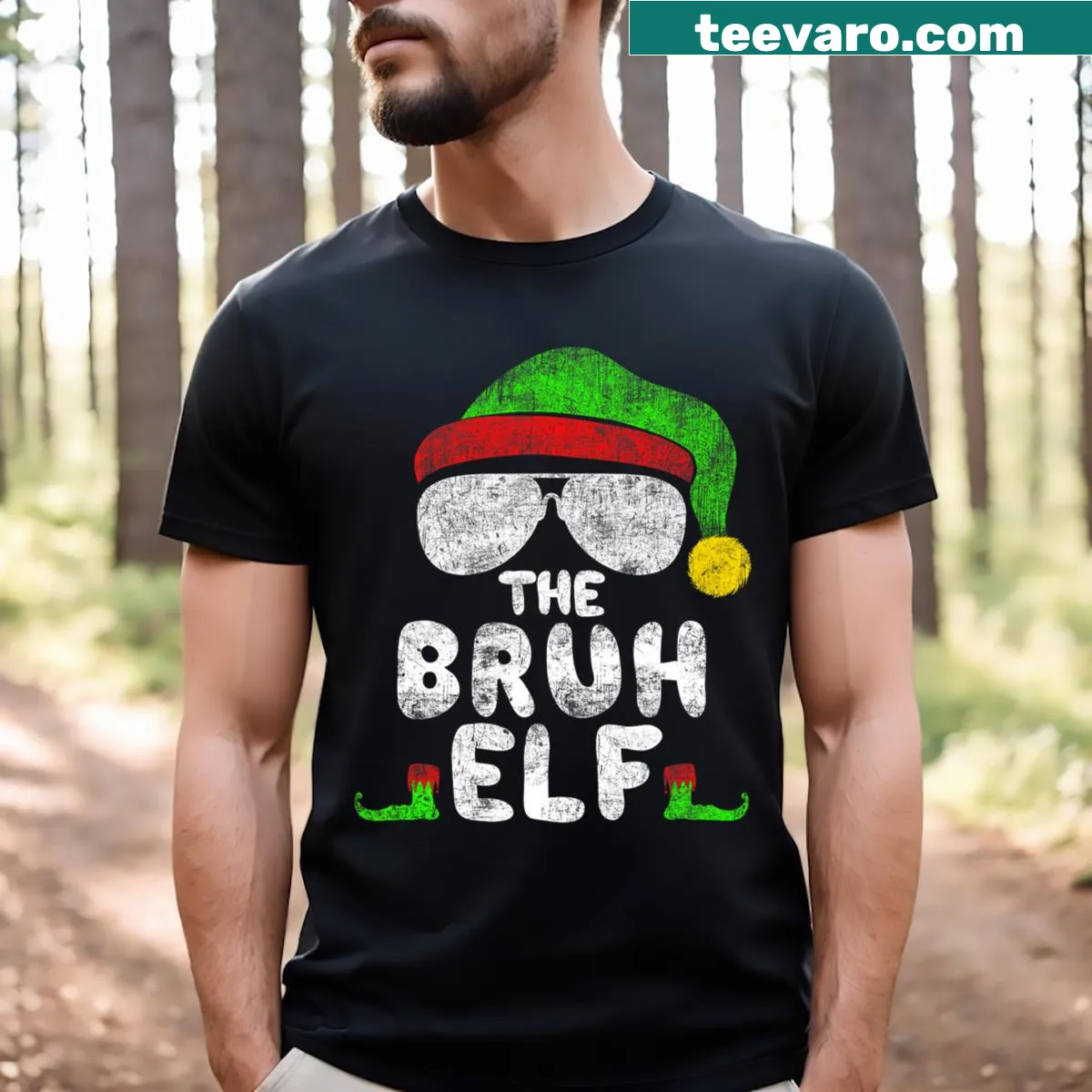 Matching family Christmas t-shirt with Bruh Elf graphic — on a men's t-shirt