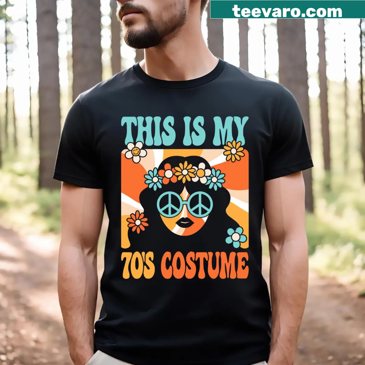70s costume-themed T-shirt for hippie parties — on a men's t-shirt