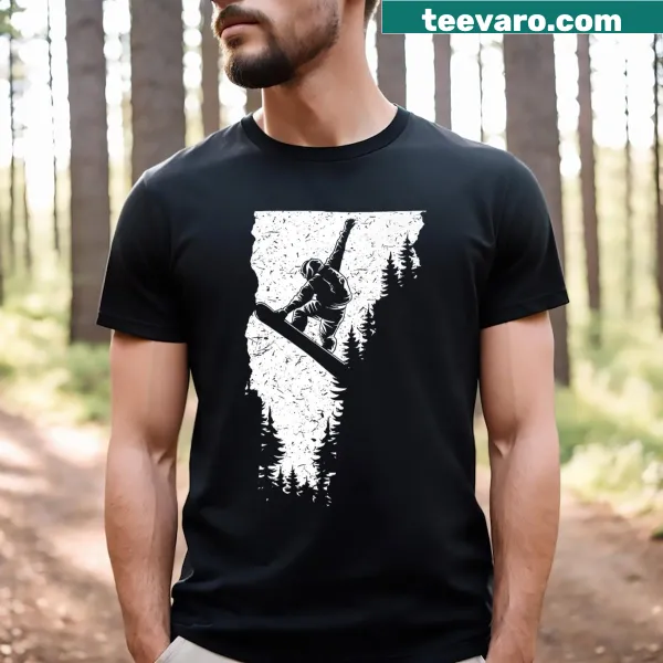 Snowboarding-themed shirt with playful text about Vermont