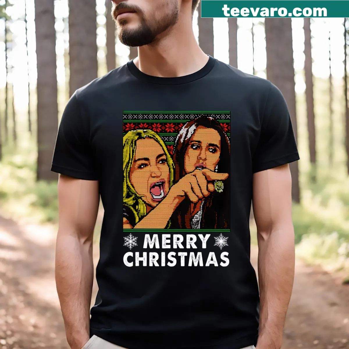 Funny Christmas T-shirt featuring the woman yelling at cat meme — on a men's t-shirt