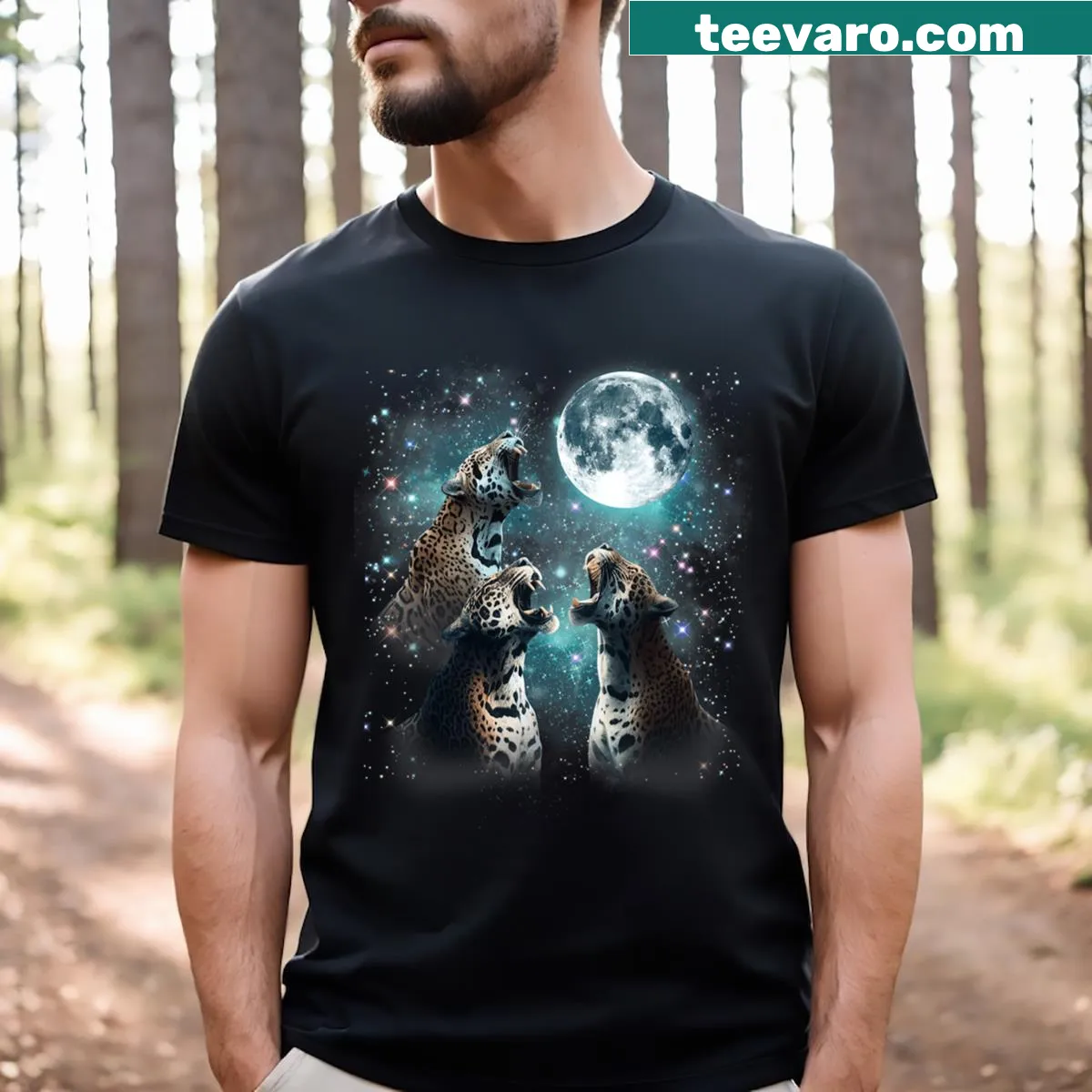 Illustrated t-shirt featuring a jaguar head howling at the moon with humorous text — on a men's t-shirt