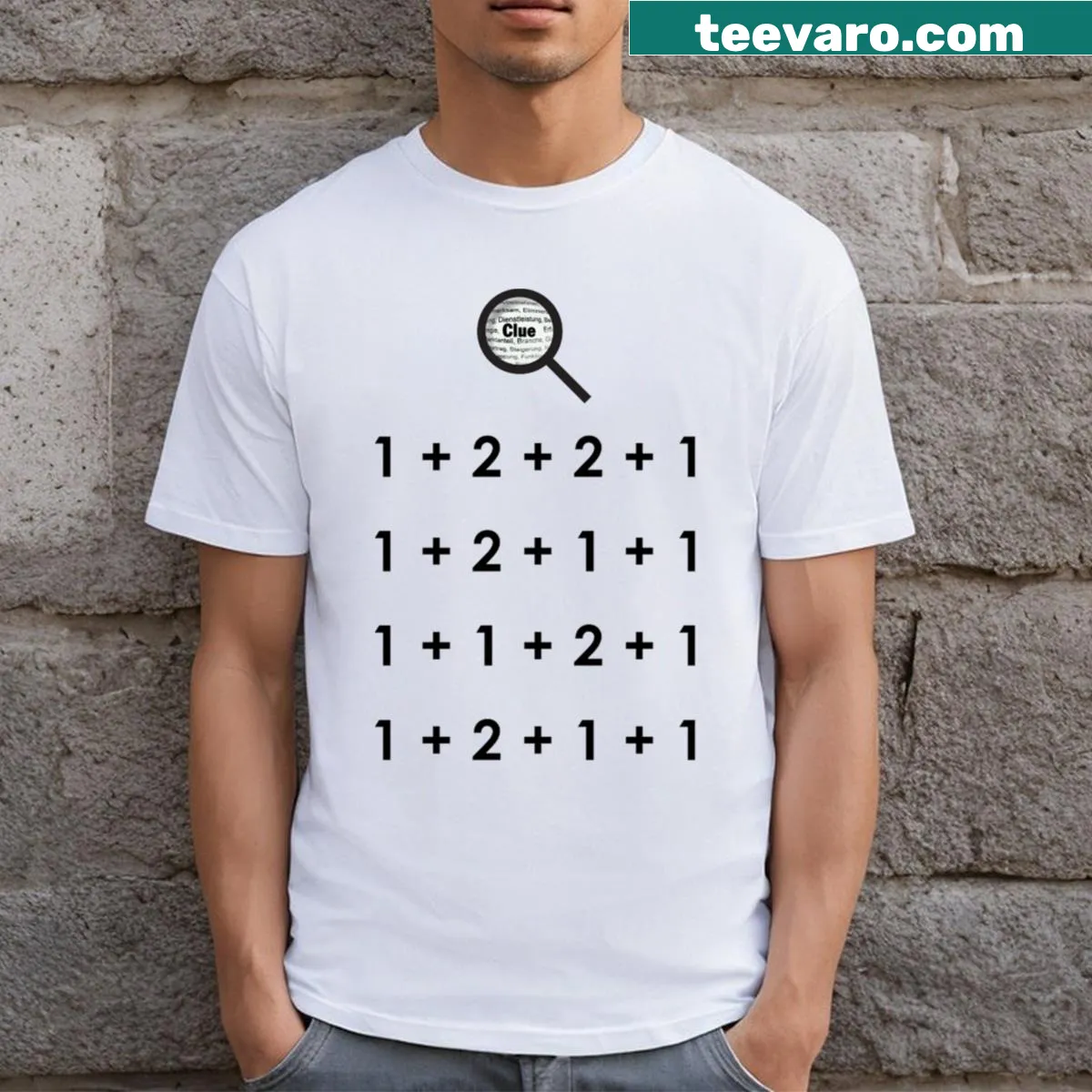 Minimalist 'A Clue Number' t-shirt with clever typography — on a men's t-shirt