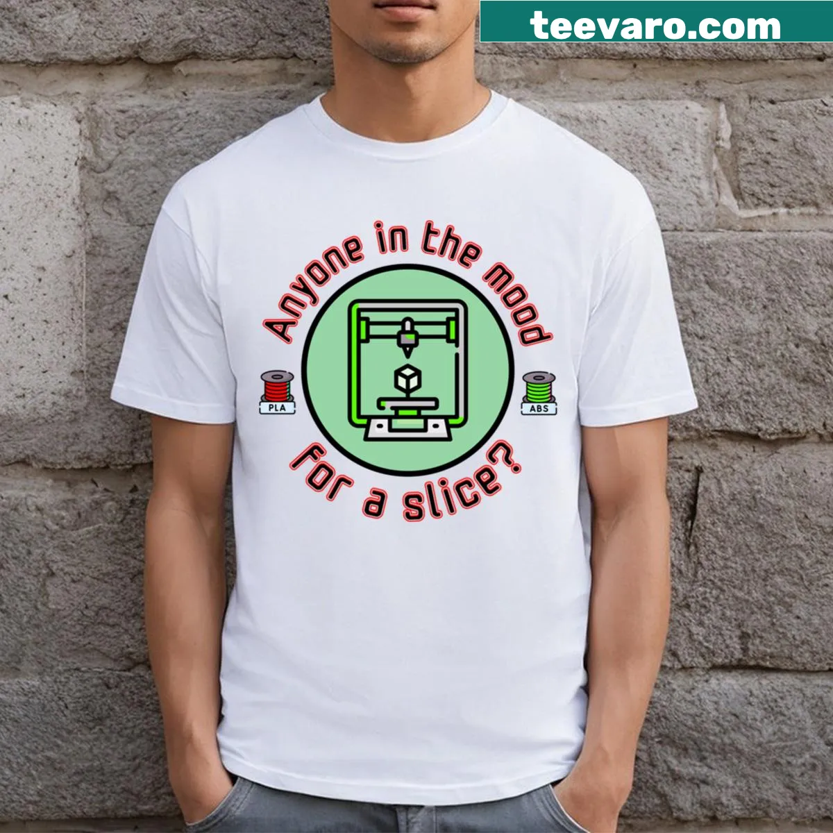 T-shirt with playful pizza slice saying in bold typography — on a men's t-shirt