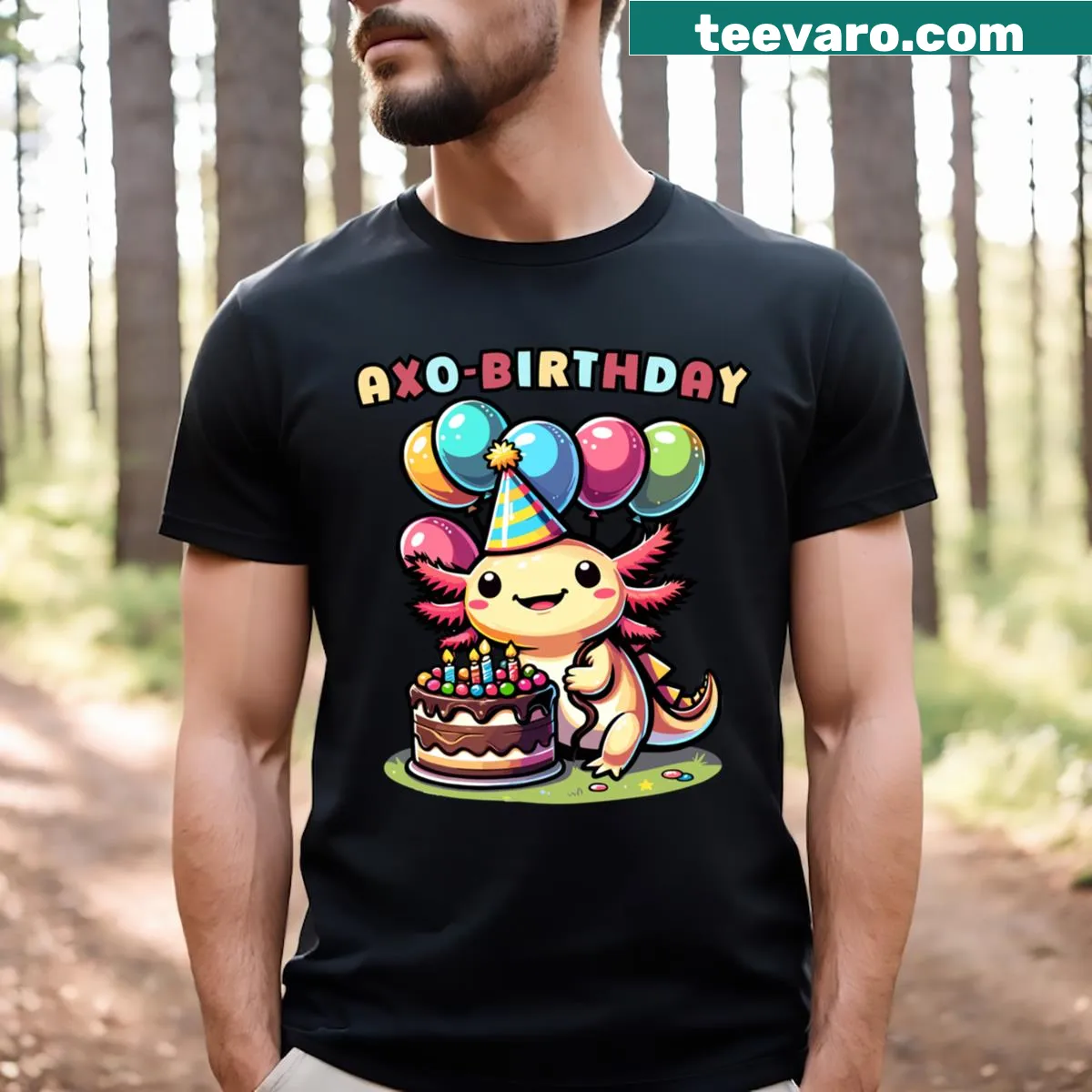 Cute birthday t-shirt featuring an axolotl with balloons and a cake design. — on a men's t-shirt
