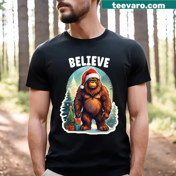 Funny Christmas t-shirt featuring Bigfoot in a Santa hat