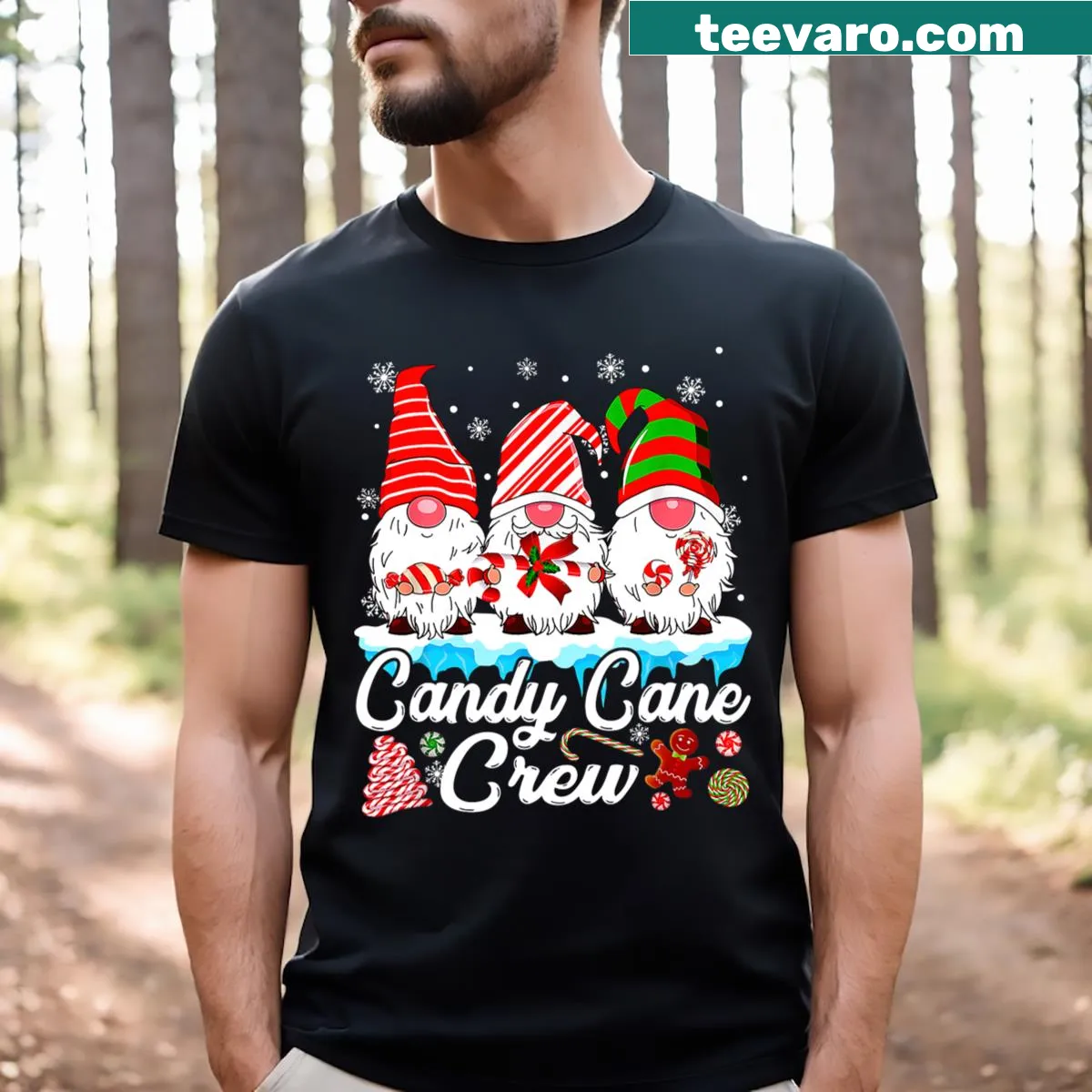Funny Christmas tee with gnomes and candy canes illustration for kids — on a men's t-shirt