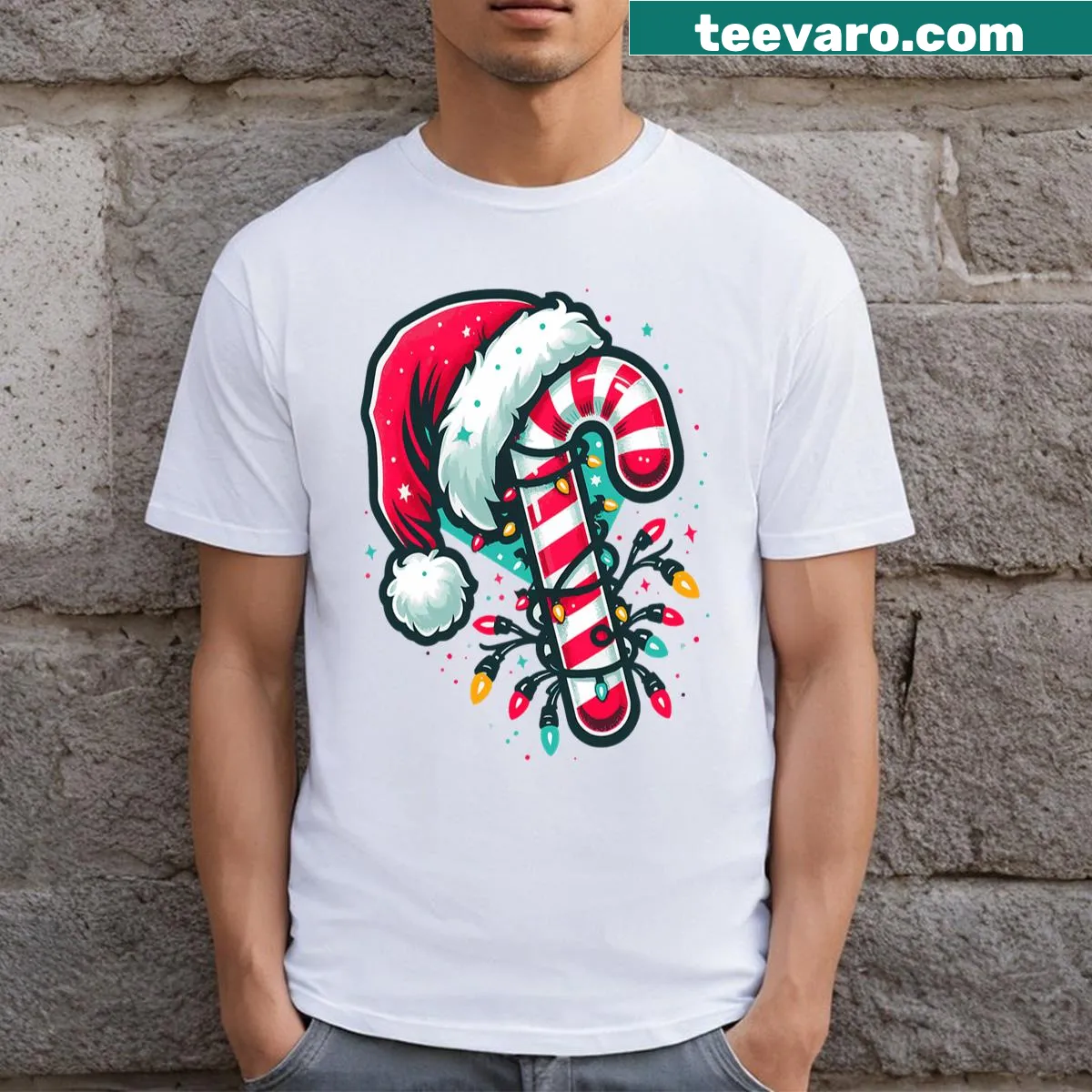 Christmas T-shirt with candy canes and Christmas lights design — on a men's t-shirt