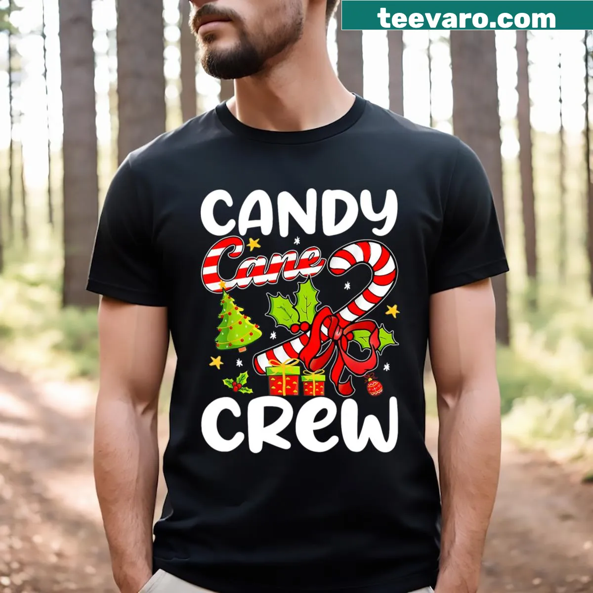 Whimsical T-shirt featuring candy canes for Christmas fun — on a men's t-shirt
