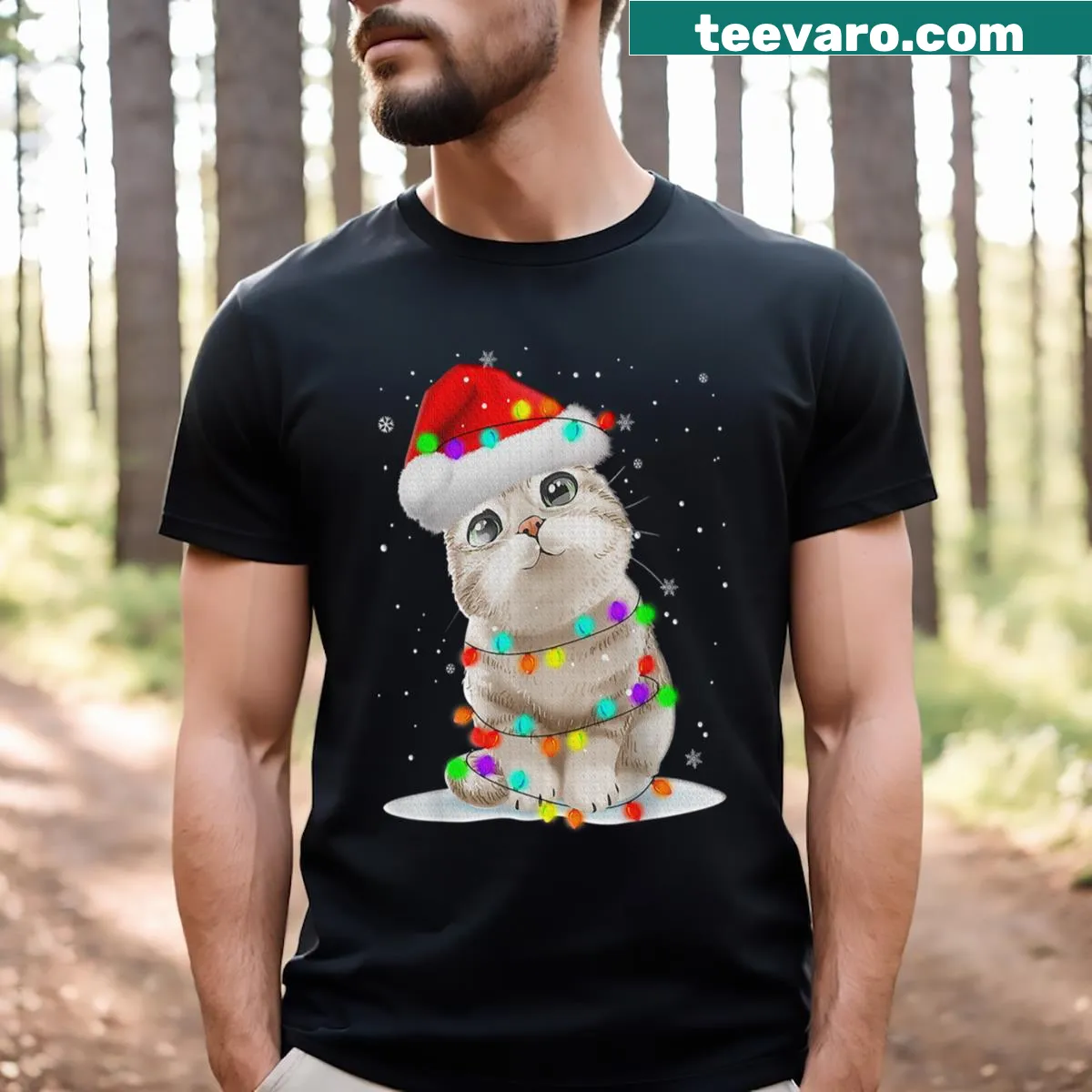 Cartoon cats with Christmas lights graphic — on a men's t-shirt