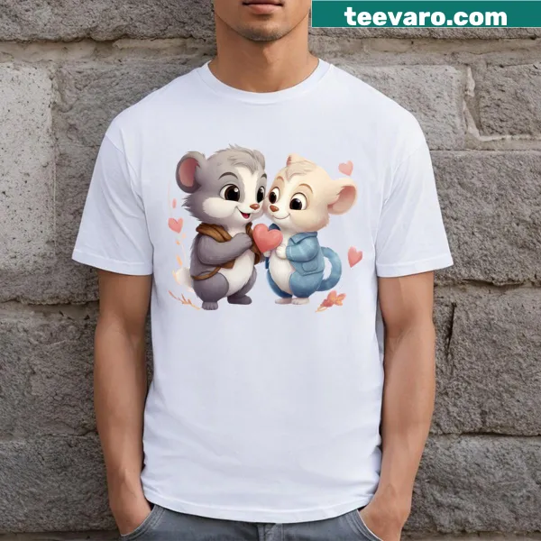 Cartoon illustration of two cats in love on a long T-shirt.
